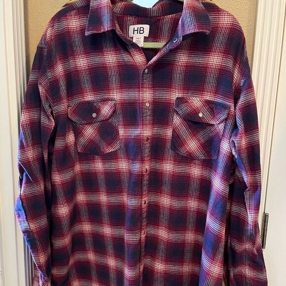 HB Men’s Maroon Navy Metal Snap Flannel Long Sleeved Shirt 2XLT - Picture 1 of 14